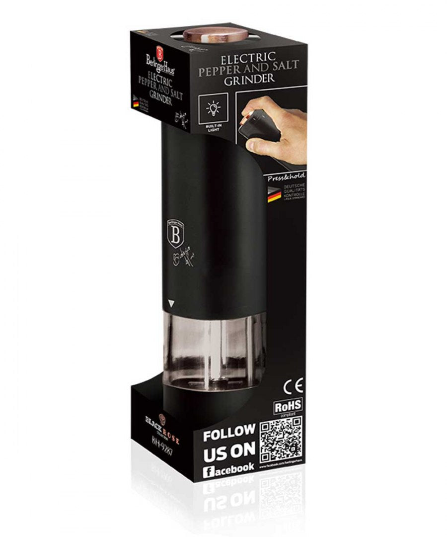 elektrinis druskos arba pipirų malūnėlis iš anoduoto nerūdijančio plieno ir akrilo