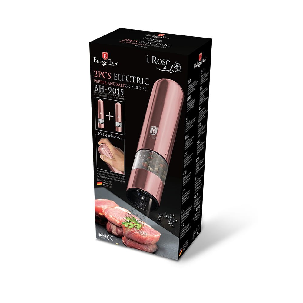 Elektrinių pipirų ir druskos malūnėlių rinkinys su LED foniniu apšvietimu