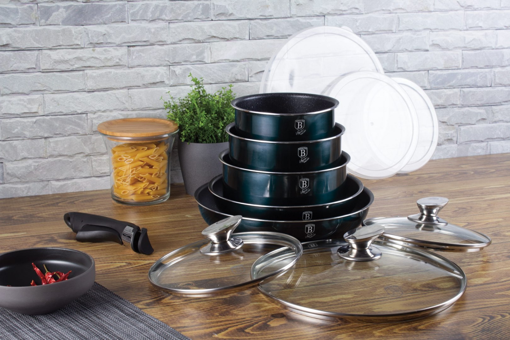 CLICK & COOK aliuminio puodų komplektas su granito danga ir nuimama rankena 